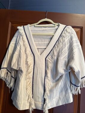 Mirth Cream Fringe V-Neck Striped Tunic Top